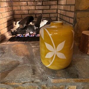 Yellow Ceramic Vase with White Floral Design